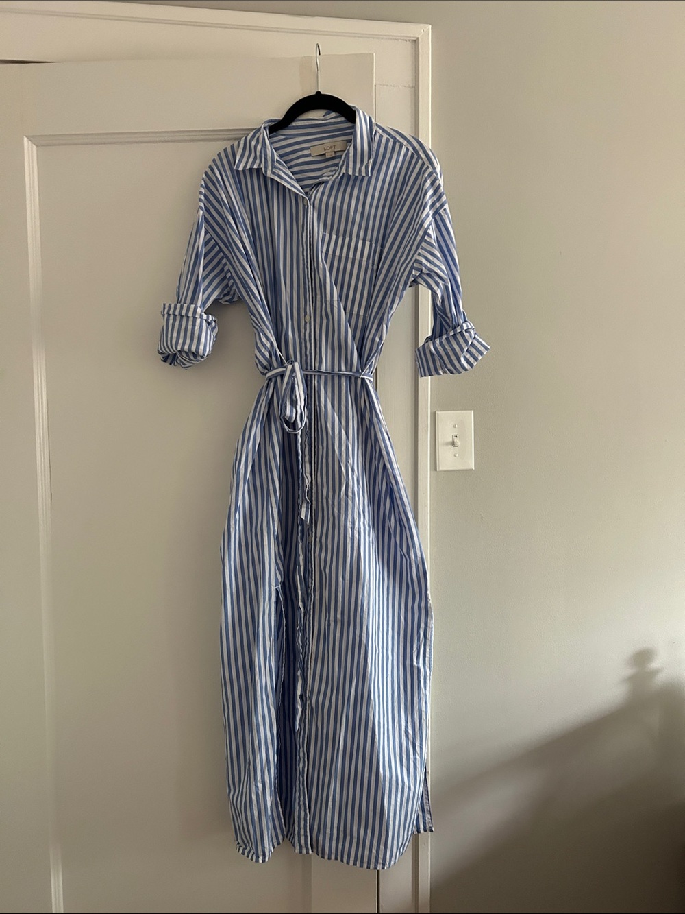 LOFT Blue and White Striped Midi Shirt Dress